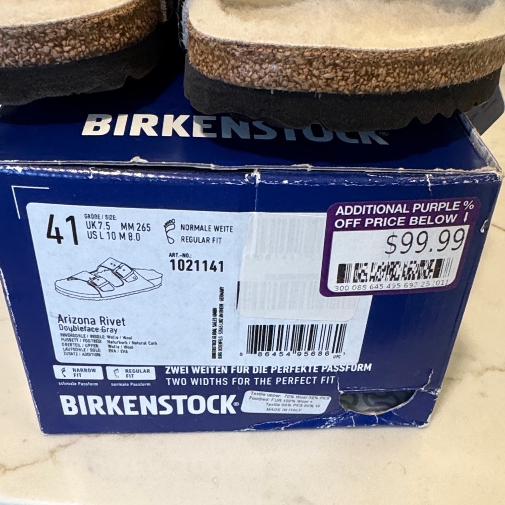 NWT Birkenstock Gray Wool Sherling Arizona Sandals 41 - Original Box - Picture 5 of 5